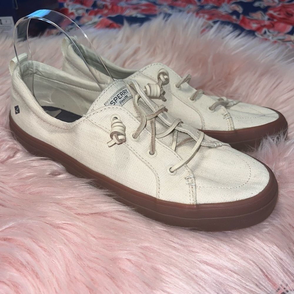 Sperry Women's Ivory Canvas Sneakers with Brown Rubber Sole